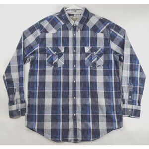 Coastal Shirt Mens XL Blue Gray Pearl Snap Plaid Long Sleeve Cotton Button-Up